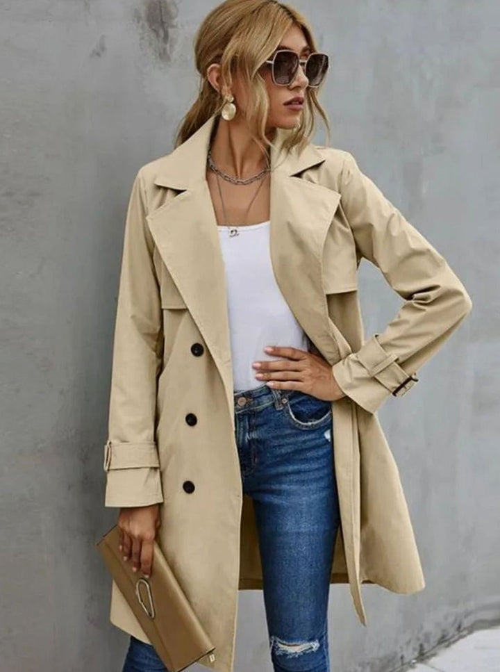 Women's Double-Breasted Belted Retro Trench Coat, Sage Green - Khaki