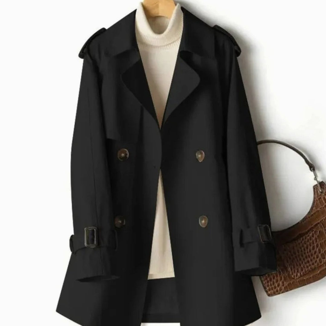 Women's Double-Breasted Belted Short Trench Coat - Black