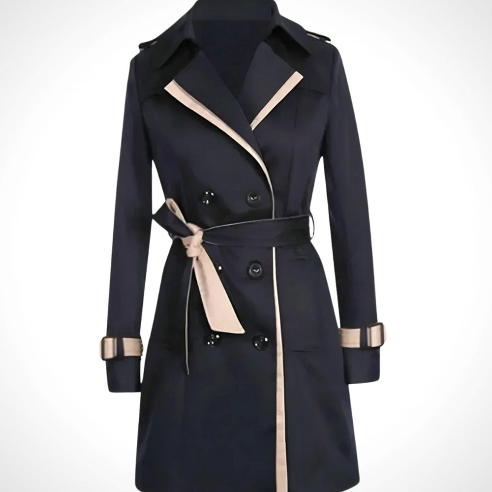 Women's Double-Breasted Belted Trench Coat, Beige - Black