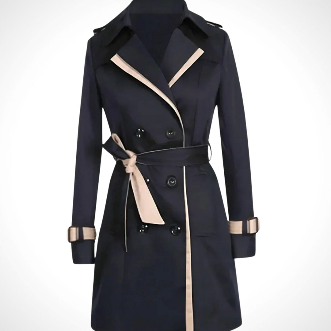 Women's Double-Breasted Belted Trench Coat, Beige - Black
