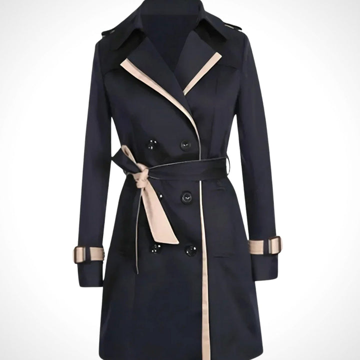 Women's Double-Breasted Belted Trench Coat, Beige - Black