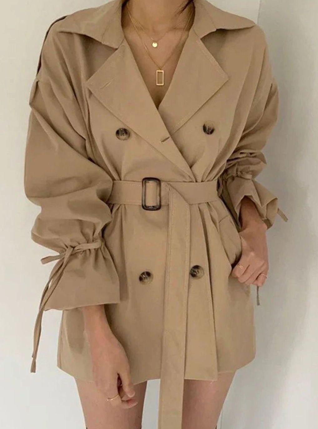 Women's Double-Breasted Belted Trench Coat Drawstring Cuffs, Camel - Khaki