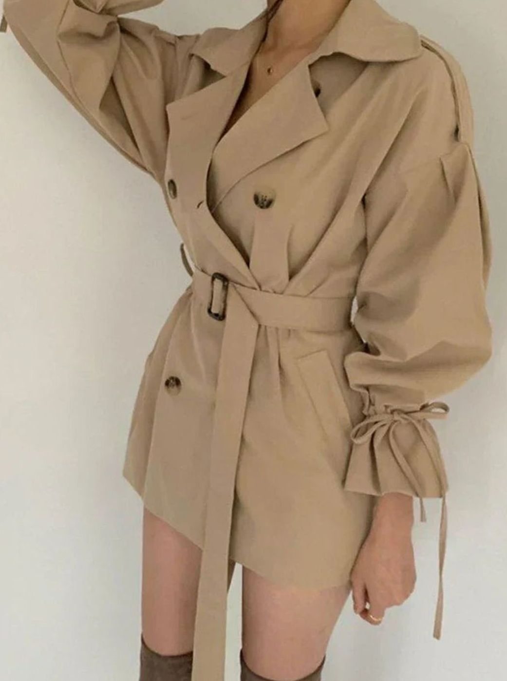 Women's Double-Breasted Belted Trench Coat Drawstring Cuffs, Camel