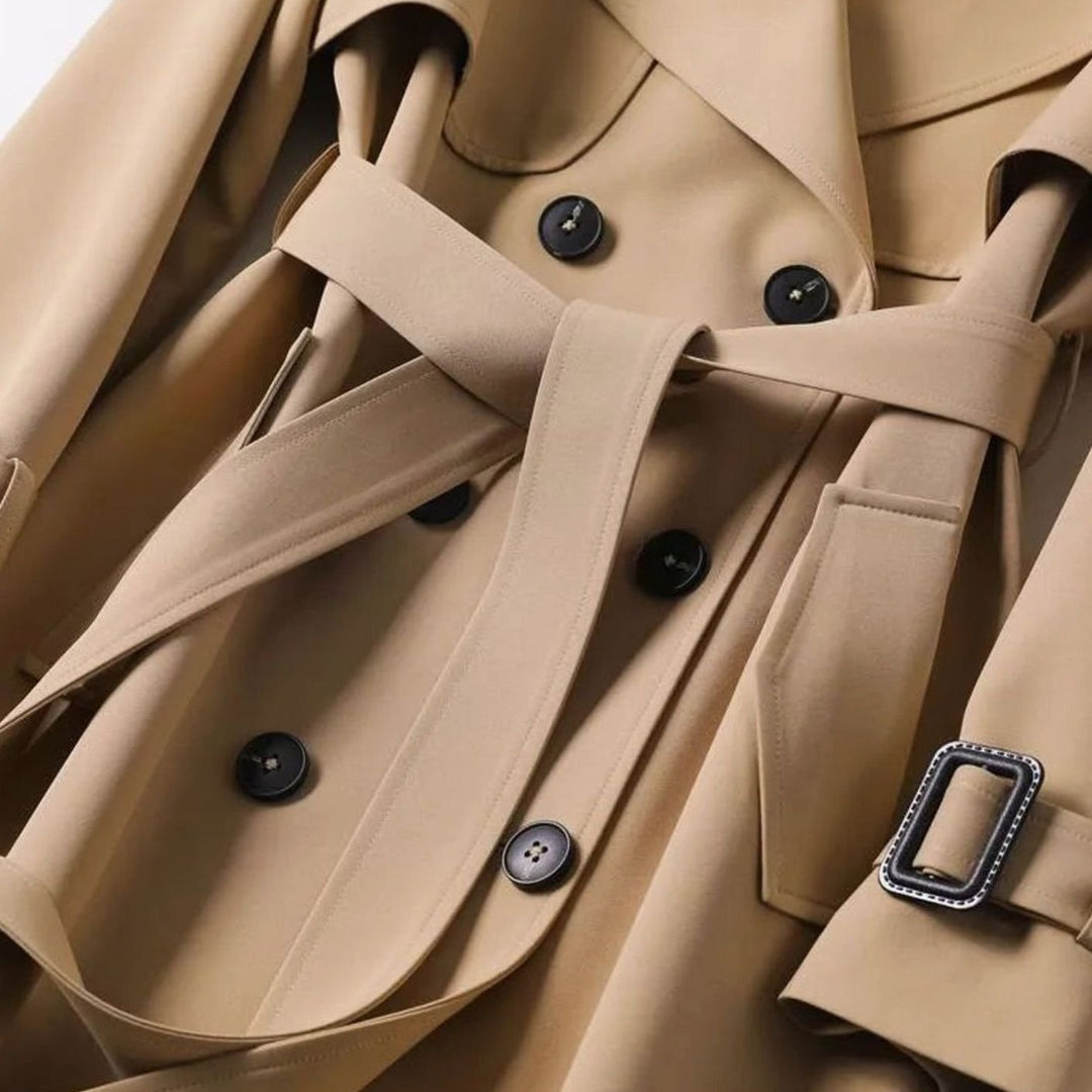 Women's Double-Breasted Belted Trench Coat Drawstring Cuffs, Camel