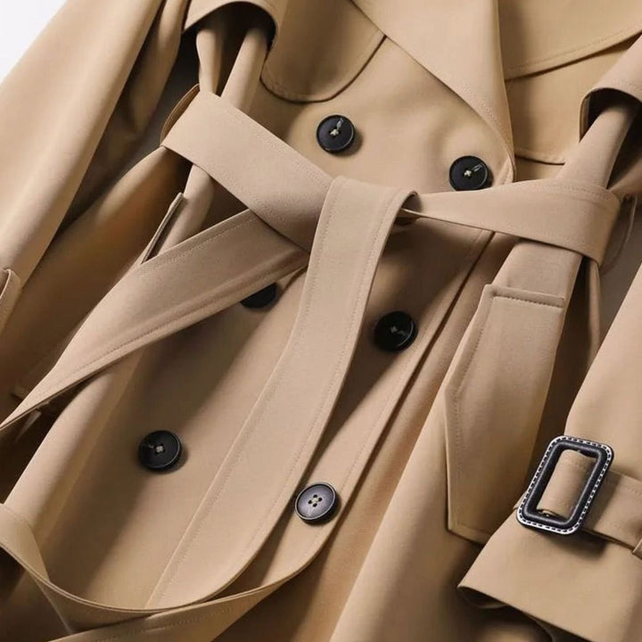 Women's Double-Breasted Belted Trench Coat Drawstring Cuffs, Camel