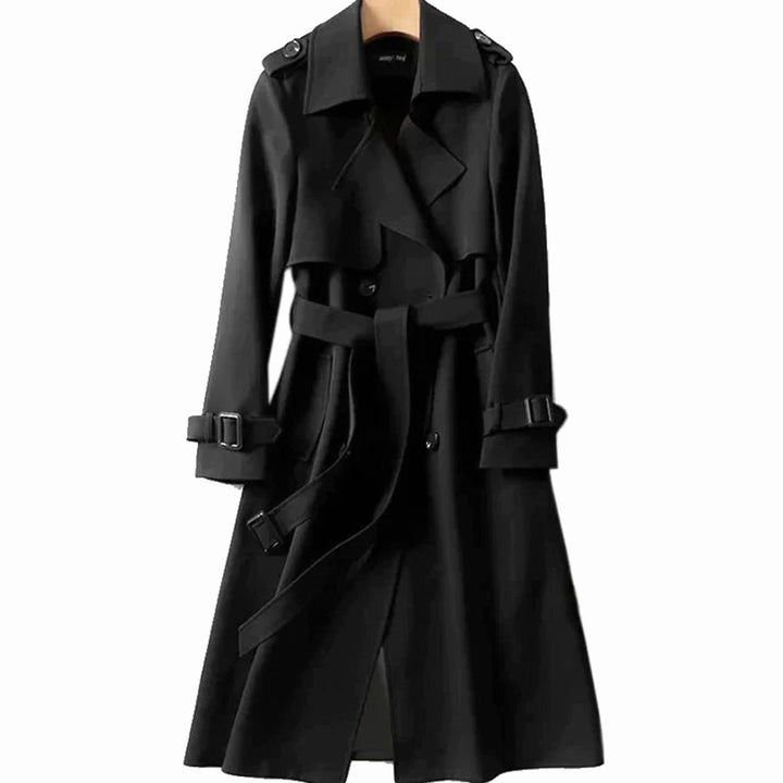 Women's Double-Breasted Belted Trench Coat Drawstring Cuffs, Camel - Blueberry