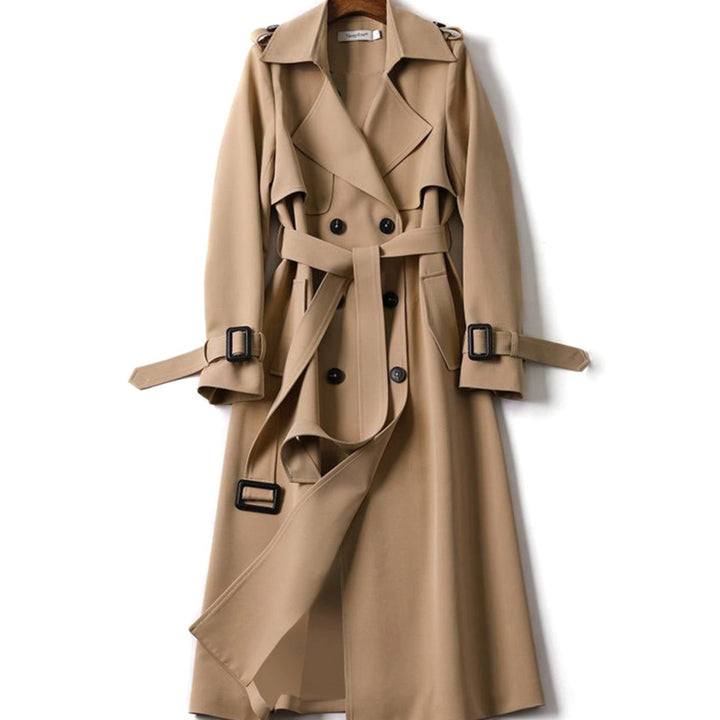 Women's Double-Breasted Belted Trench Coat Drawstring Cuffs, Camel - Brown