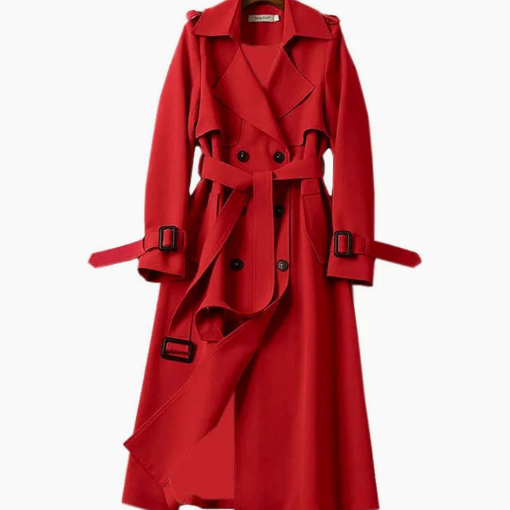 Women's Double-Breasted Belted Trench Coat Drawstring Cuffs, Camel - Red