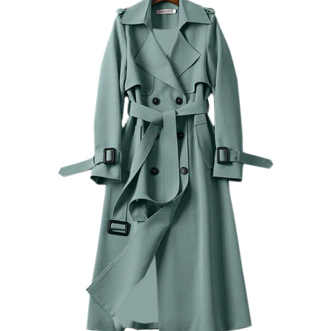 Women's Double-Breasted Belted Trench Coat Drawstring Cuffs, Camel - Green