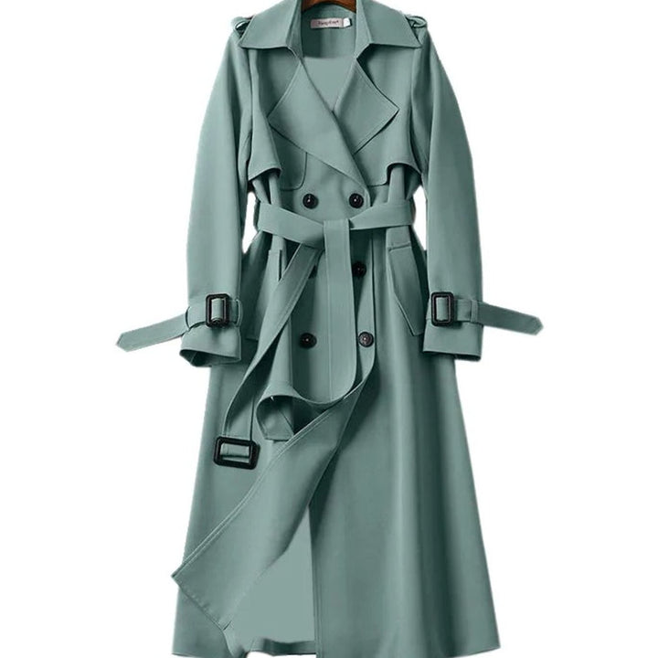 Women's Double-Breasted Belted Trench Coat Drawstring Cuffs, Camel - Green