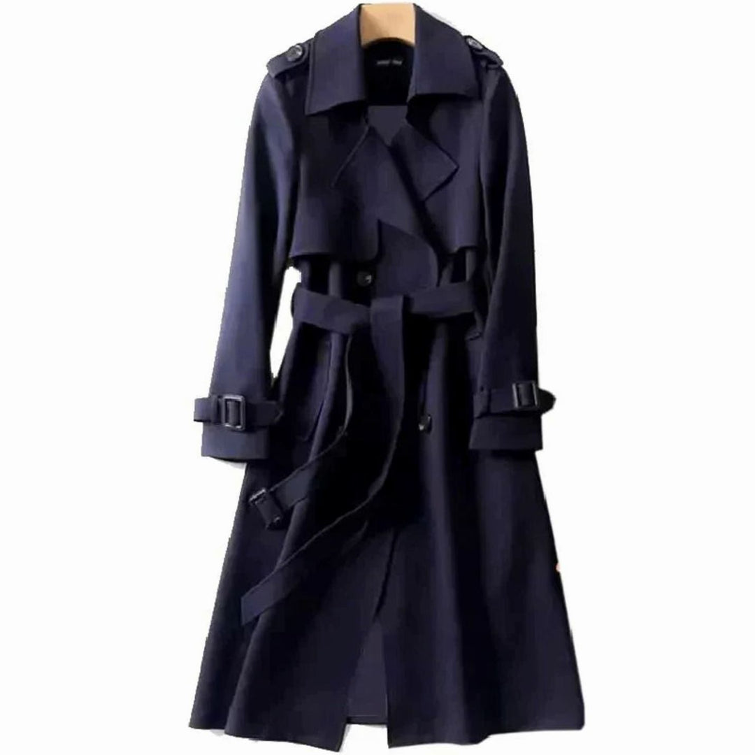 Women's Double-Breasted Belted Trench Coat Drawstring Cuffs, Camel - Dark Navy