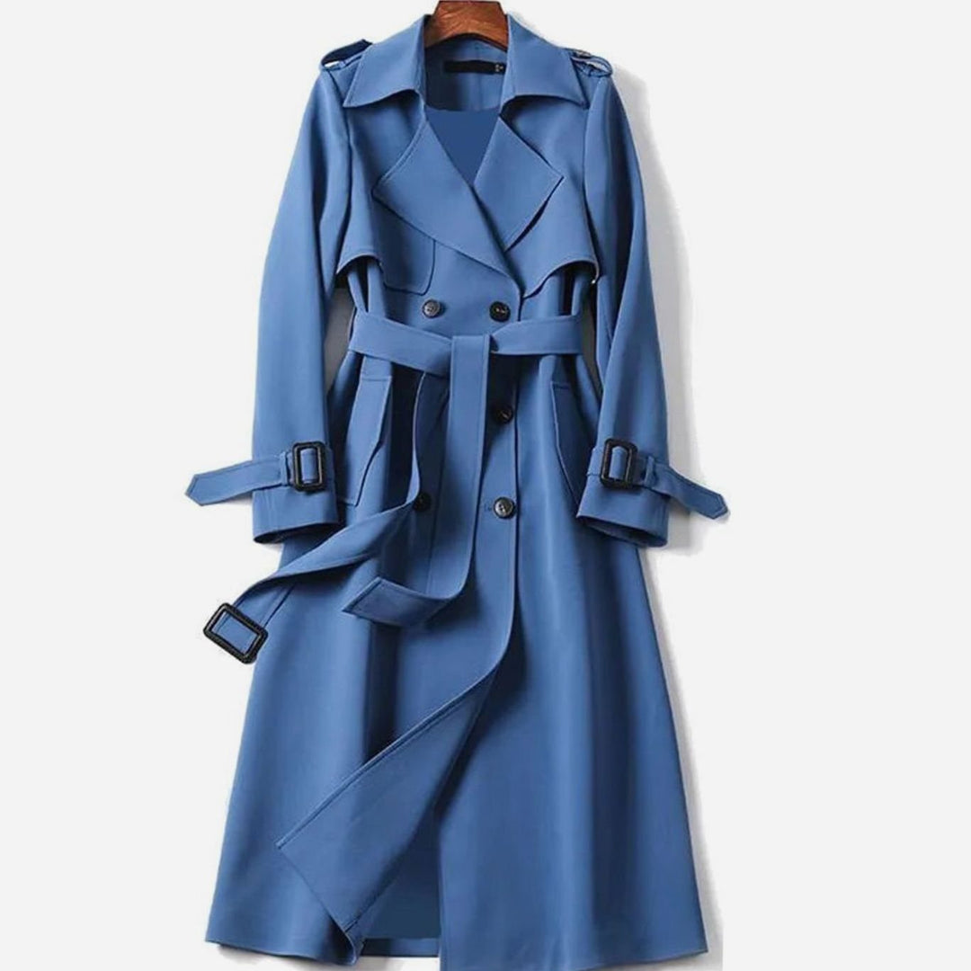Women's Double-Breasted Belted Trench Coat Drawstring Cuffs, Camel - Blue
