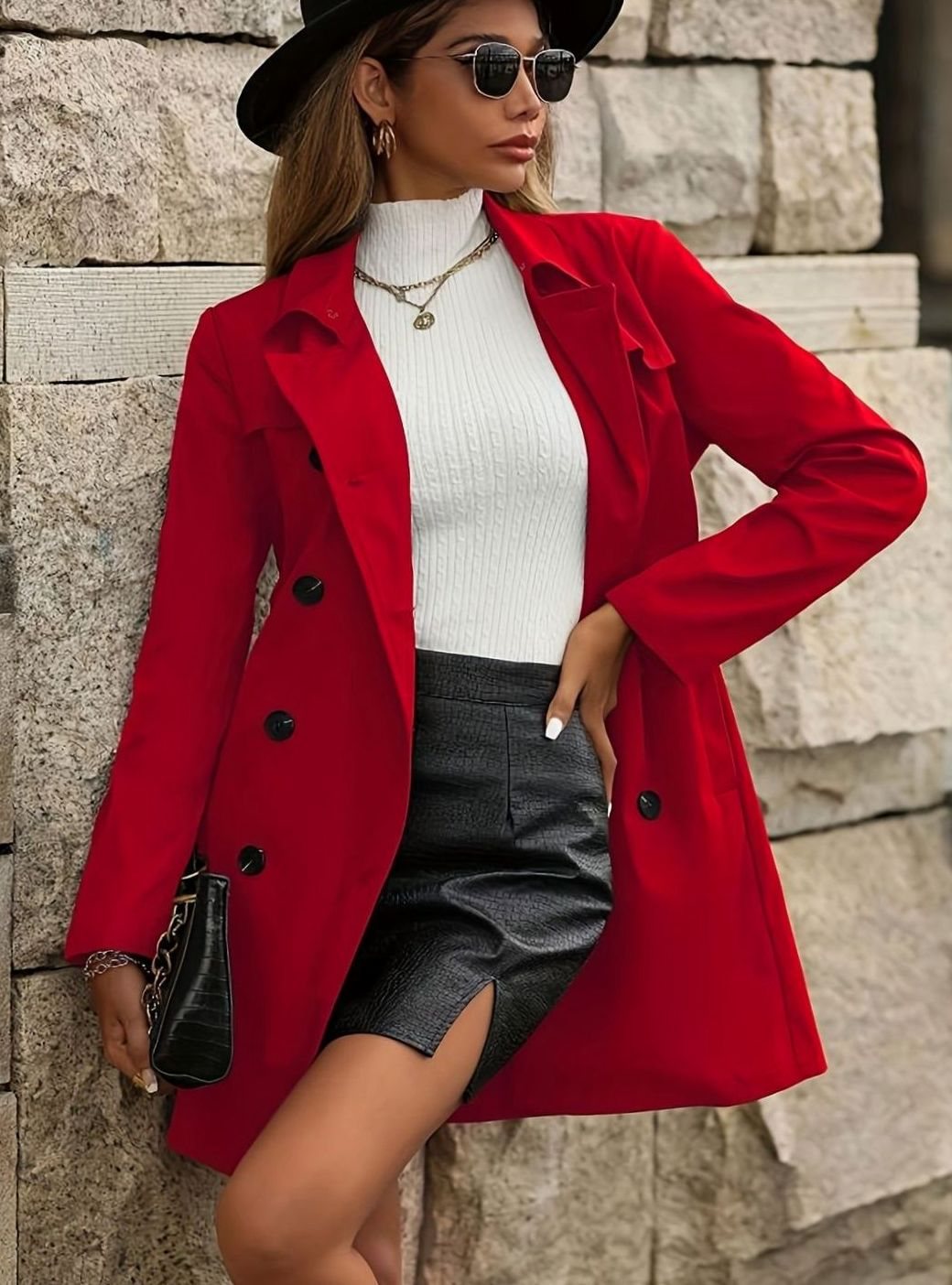 Women's Double-Breasted Belted Trench Coat II - Red