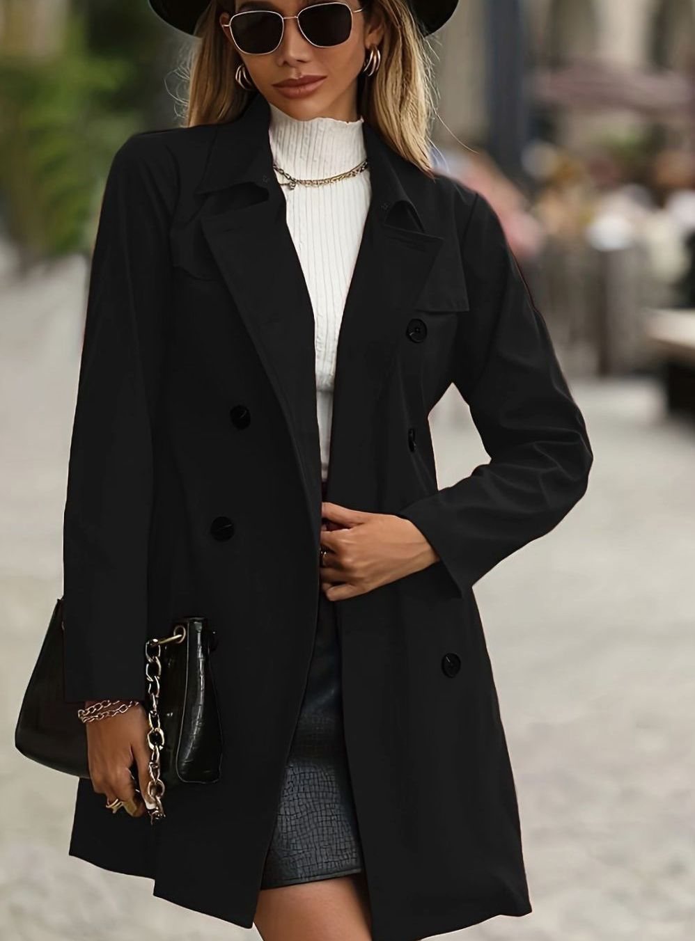 Women's Double-Breasted Belted Trench Coat II - Black