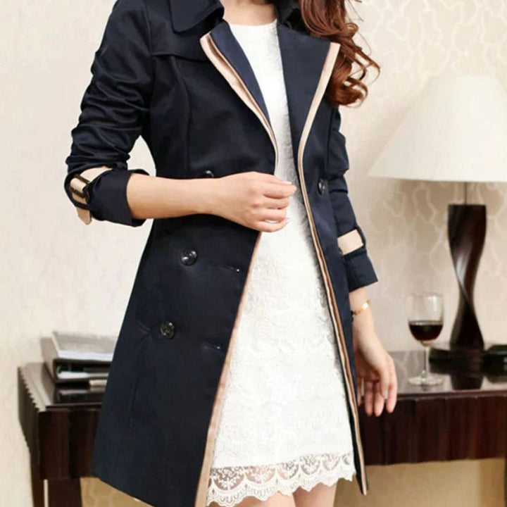 Women's Double-Breasted Contrast-Trim Midi Trench Coat, Navy Blue