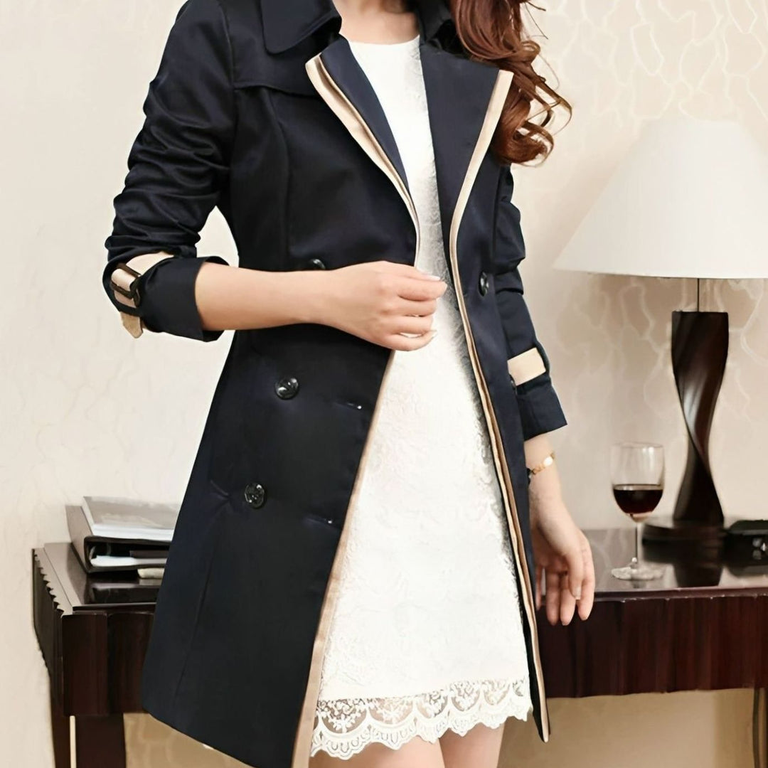 Women's Double-Breasted Contrast-Trim Trench Coat, Navy Blue
