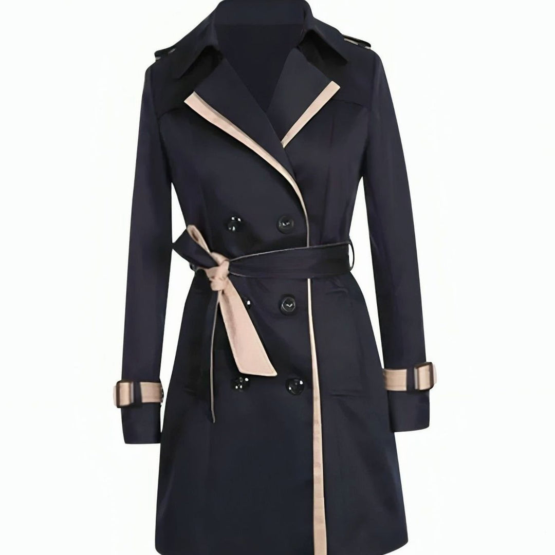 Women's Double-Breasted Contrast-Trim Trench Coat, Navy Blue - Khaki