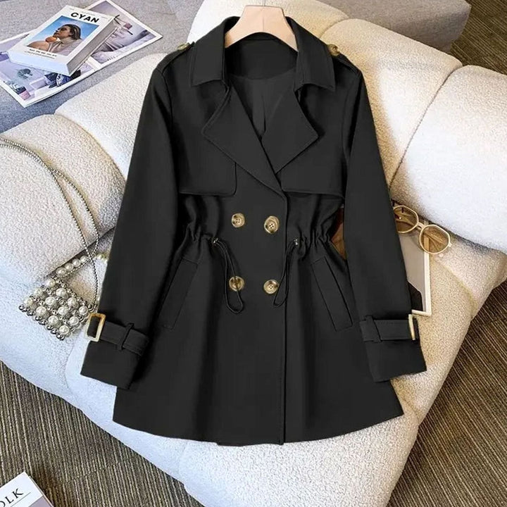 Women's Double-Breasted Drawstring-Waist Midi Trench Coat - Black
