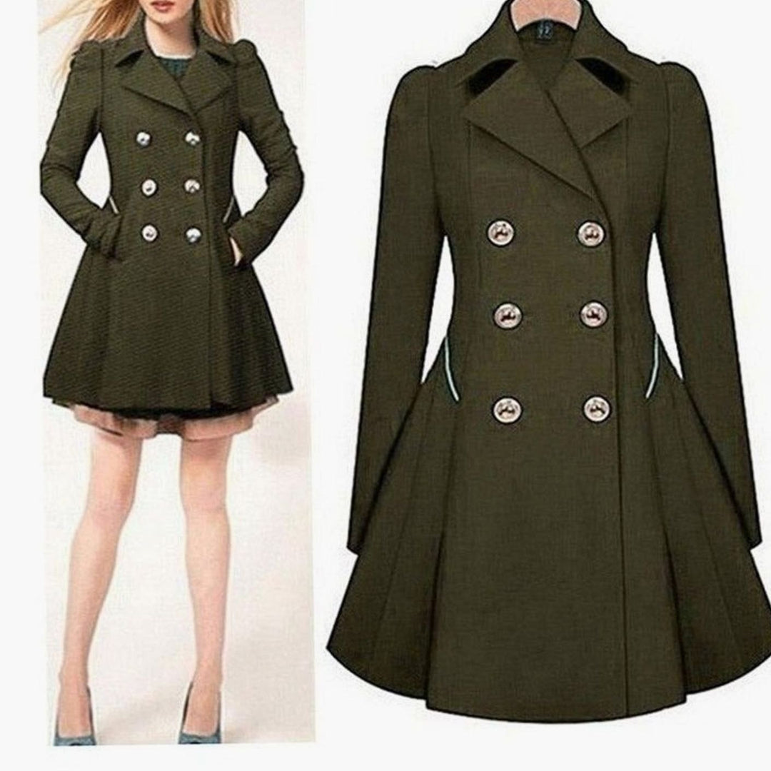 Women's Double-Breasted Fit-and-Flare Trench Coat, Army Green - Army Green