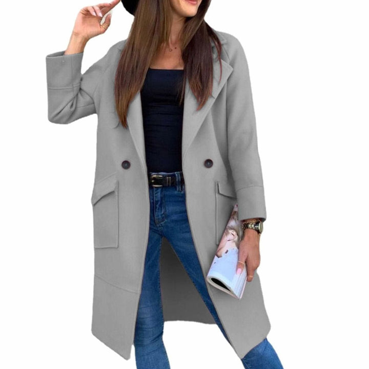 Women's Double-Breasted Lapel Trench Coat Flap Pockets, Light Grey - Light Grey