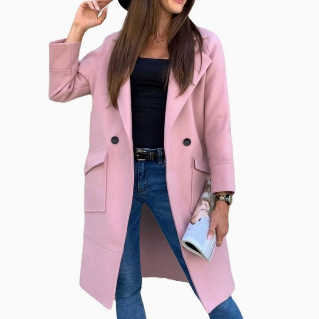 Women's Double-Breasted Lapel Trench Coat Flap Pockets, Light Grey - Pink