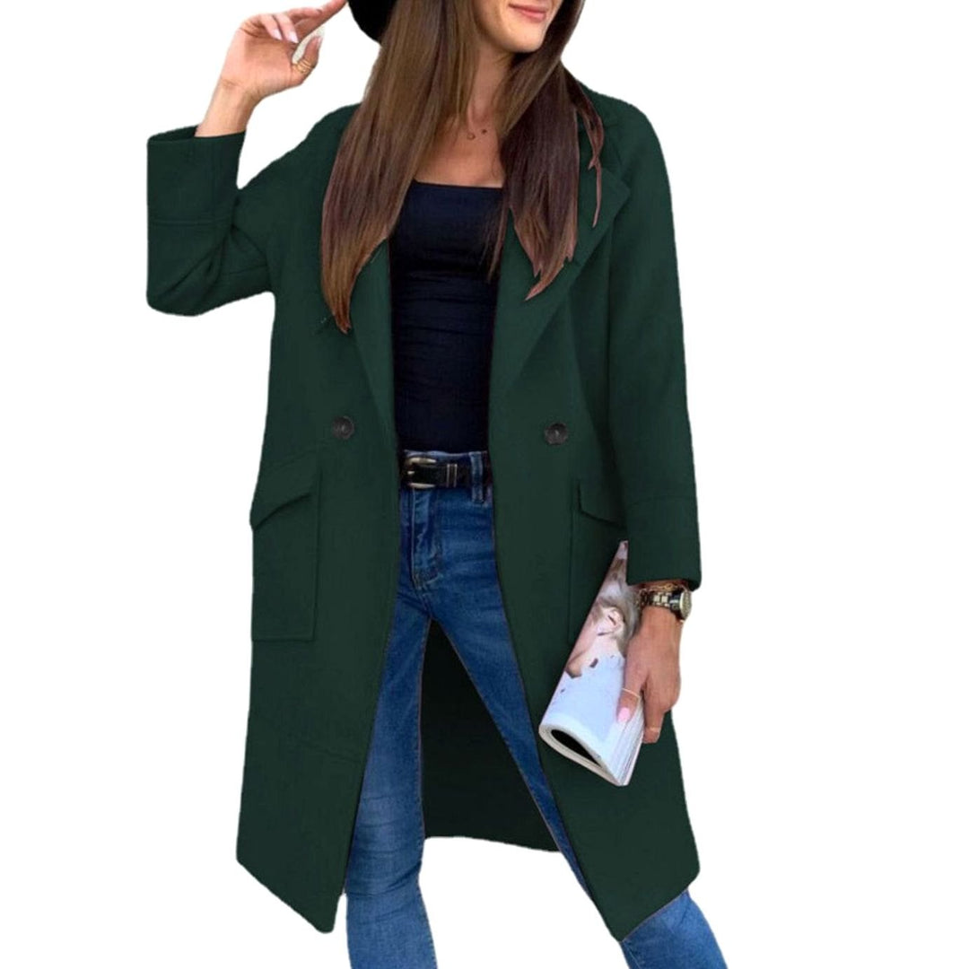 Women's Double-Breasted Lapel Trench Coat Flap Pockets, Light Grey - Dark Green