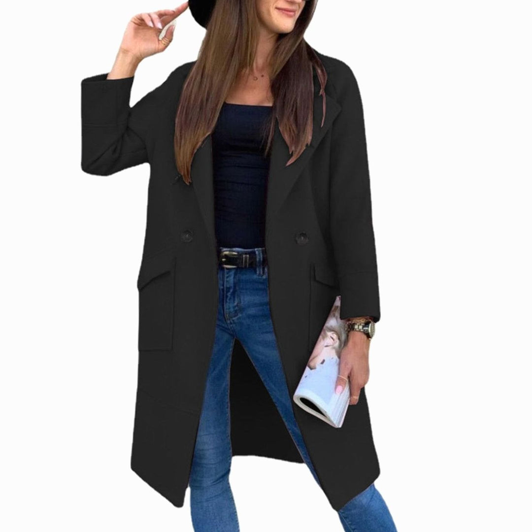 Women's Double-Breasted Lapel Trench Coat Flap Pockets, Light Grey - Black