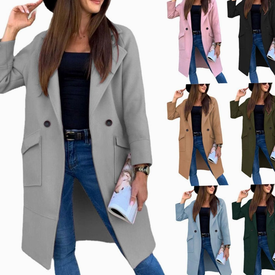 Women's Double-Breasted Lapel Trench Coat Flap Pockets, Light Grey