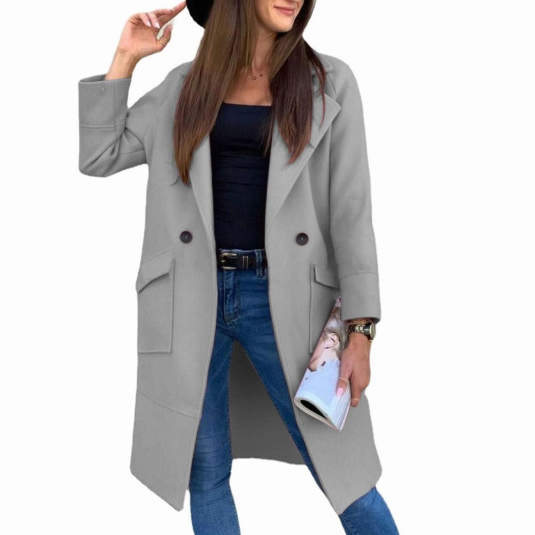 Women's Double-Breasted Lapel Trench Coat Flap Pockets, Light Grey