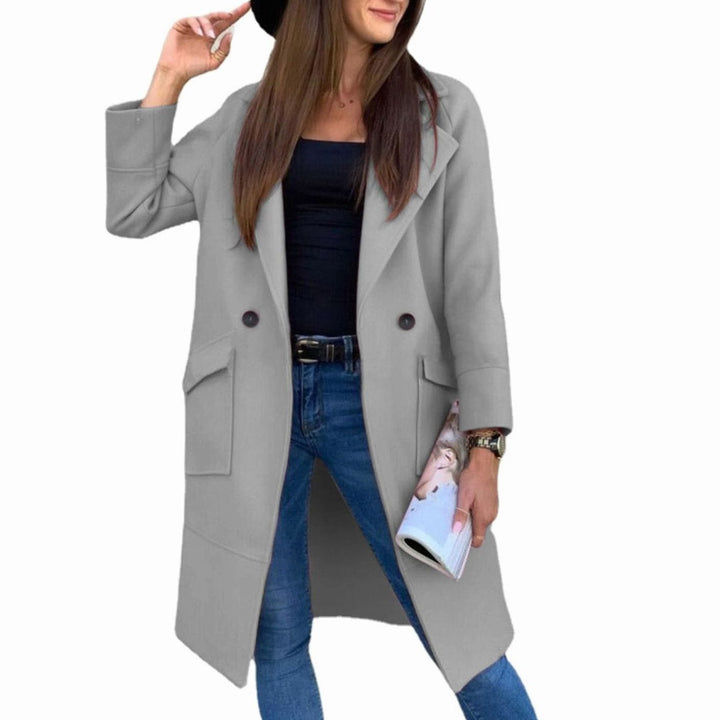 Women's Double-Breasted Lapel Trench Coat Flap Pockets, Light Grey