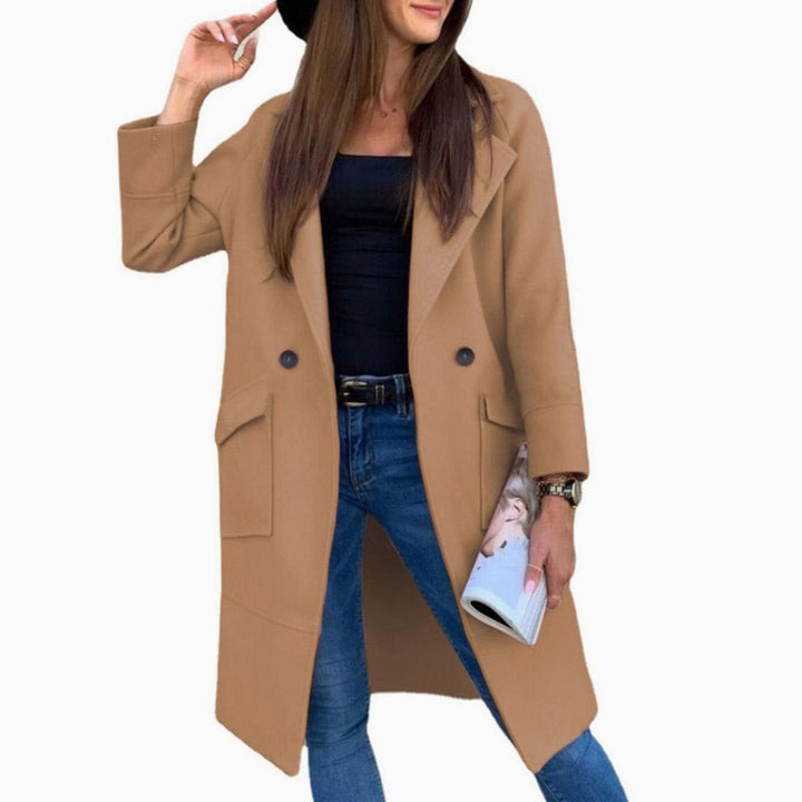 Women's Double-Breasted Lapel Trench Coat Flap Pockets, Light Grey