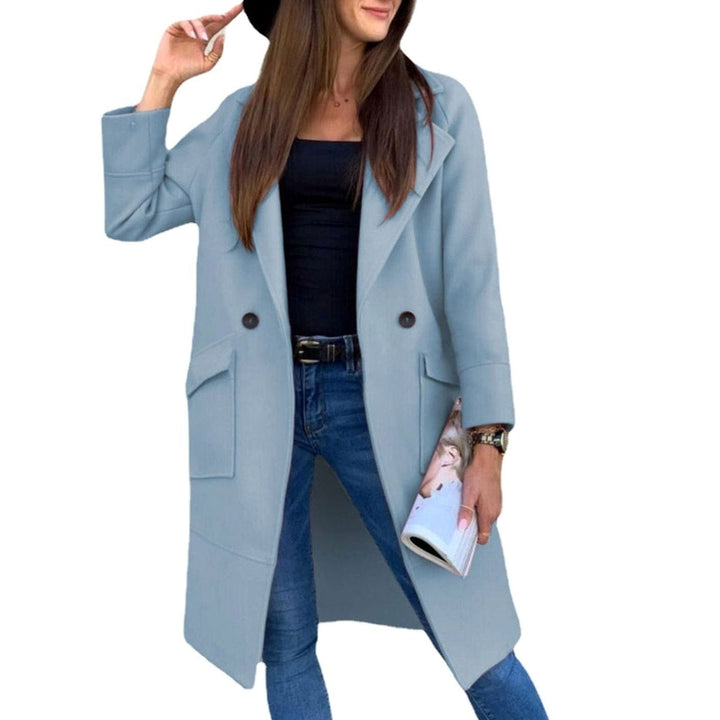 Women's Double-Breasted Lapel Trench Coat Flap Pockets, Light Grey