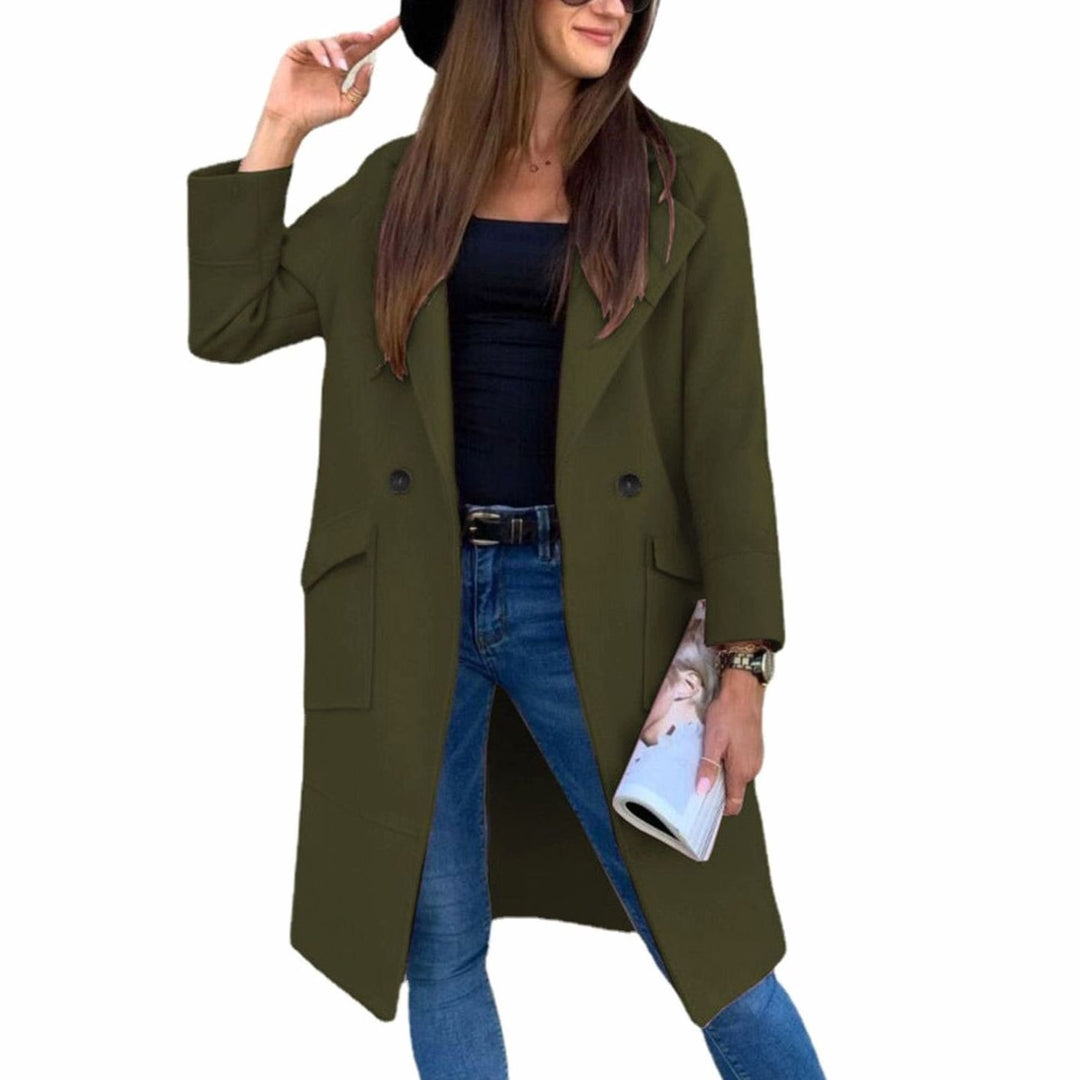 Women's Double-Breasted Lapel Trench Coat Flap Pockets, Light Grey - Olive Green