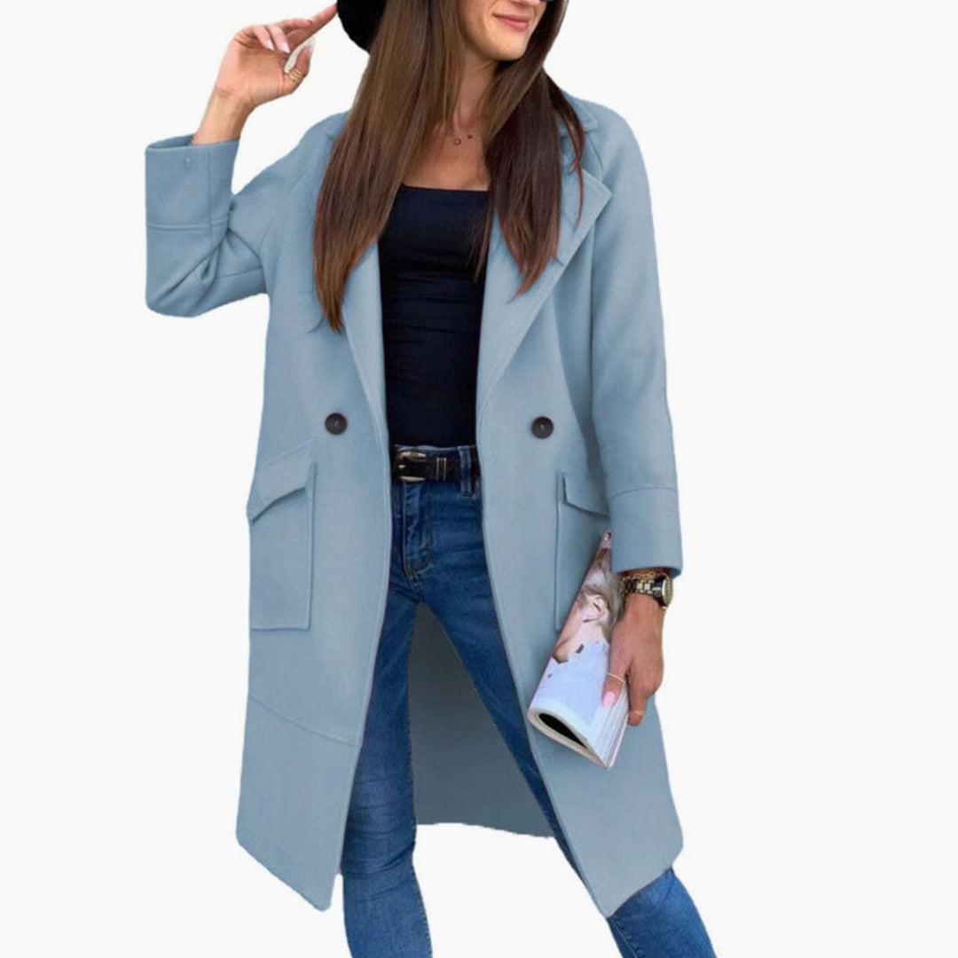 Women's Double-Breasted Lapel Trench Coat Flap Pockets, Light Grey - Sky Blue