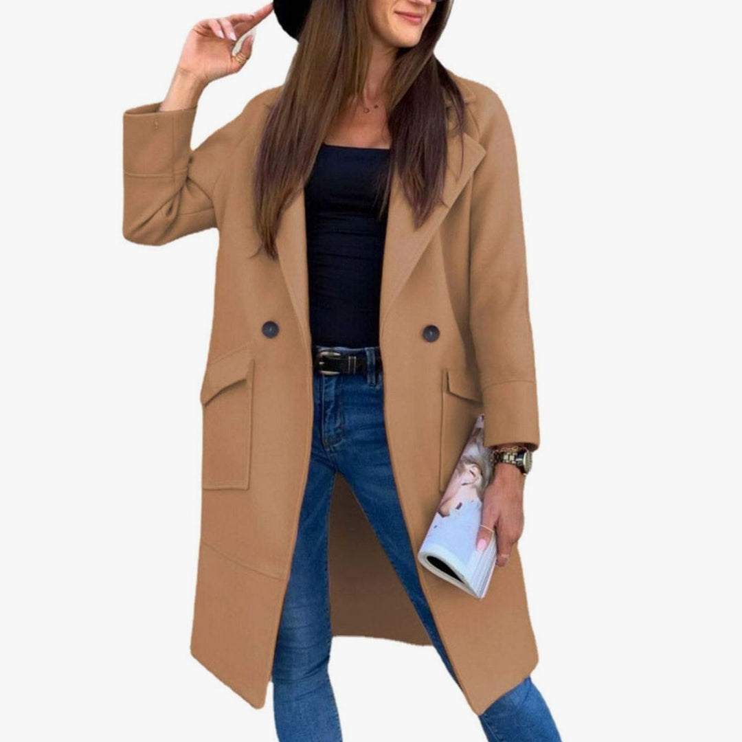 Women's Double-Breasted Lapel Trench Coat Flap Pockets, Light Grey - Khaki