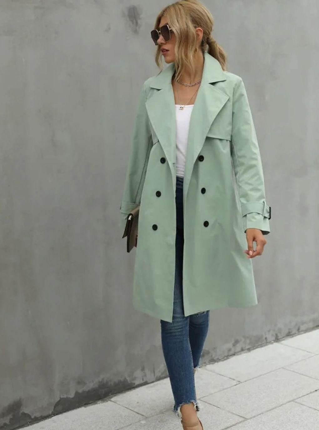 Women's Double-Breasted Lapel Trench Coat, Mint Green