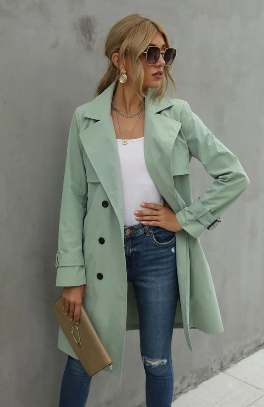 Women's Double-Breasted Lapel Trench Coat, Mint Green