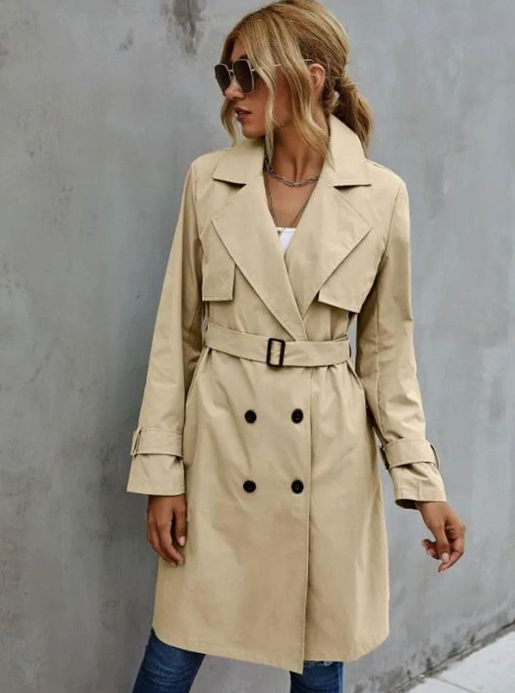 Women's Double-Breasted Lapel Trench Coat, Mint Green - Khaki
