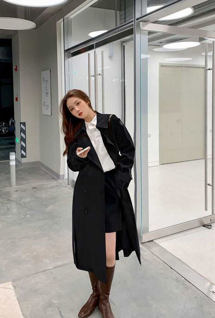 Women's Double-Breasted Longline Belted Trench Coat, Black