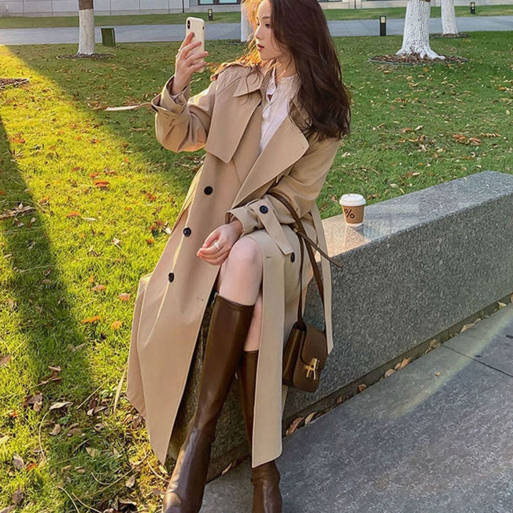 Women's Double-Breasted Longline Belted Trench Coat, Black