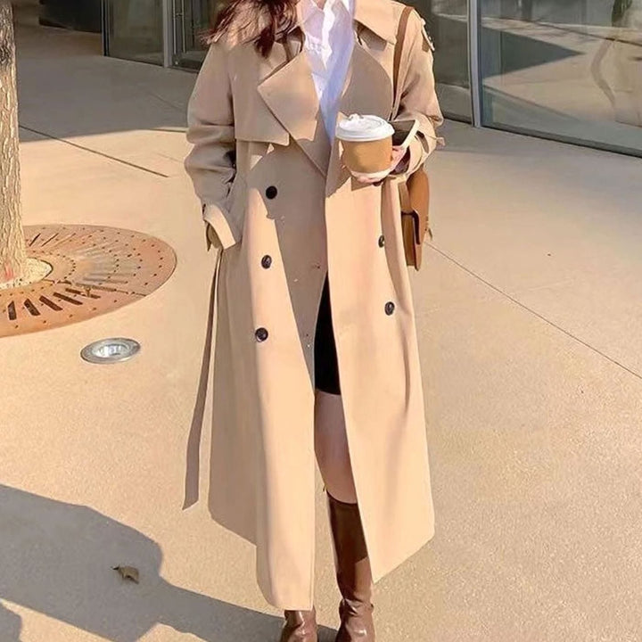 Women's Double-Breasted Longline Belted Trench Coat, Black