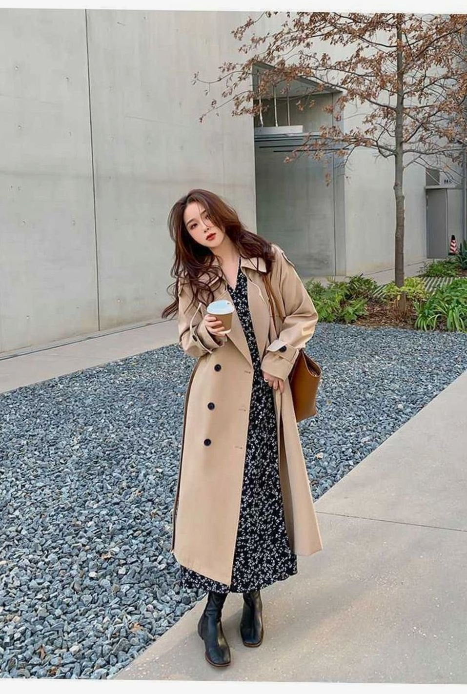 Women's Double-Breasted Longline Belted Trench Coat, Black