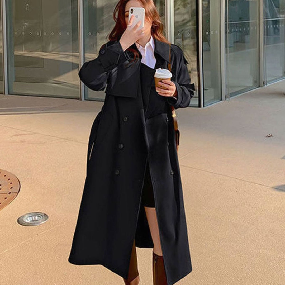 Women's Double-Breasted Longline Belted Trench Coat, Black - Black
