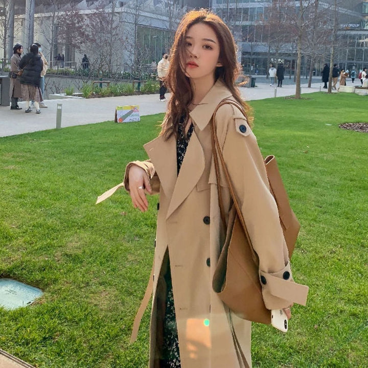 Women's Double-Breasted Longline Belted Trench Coat, Black - Khaki
