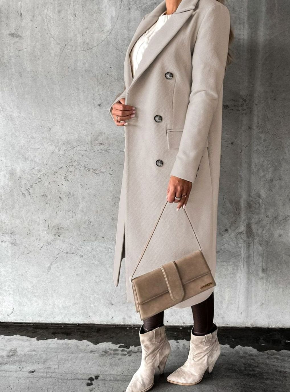 Women's Double-Breasted Longline Winter Trench Coat, Beige