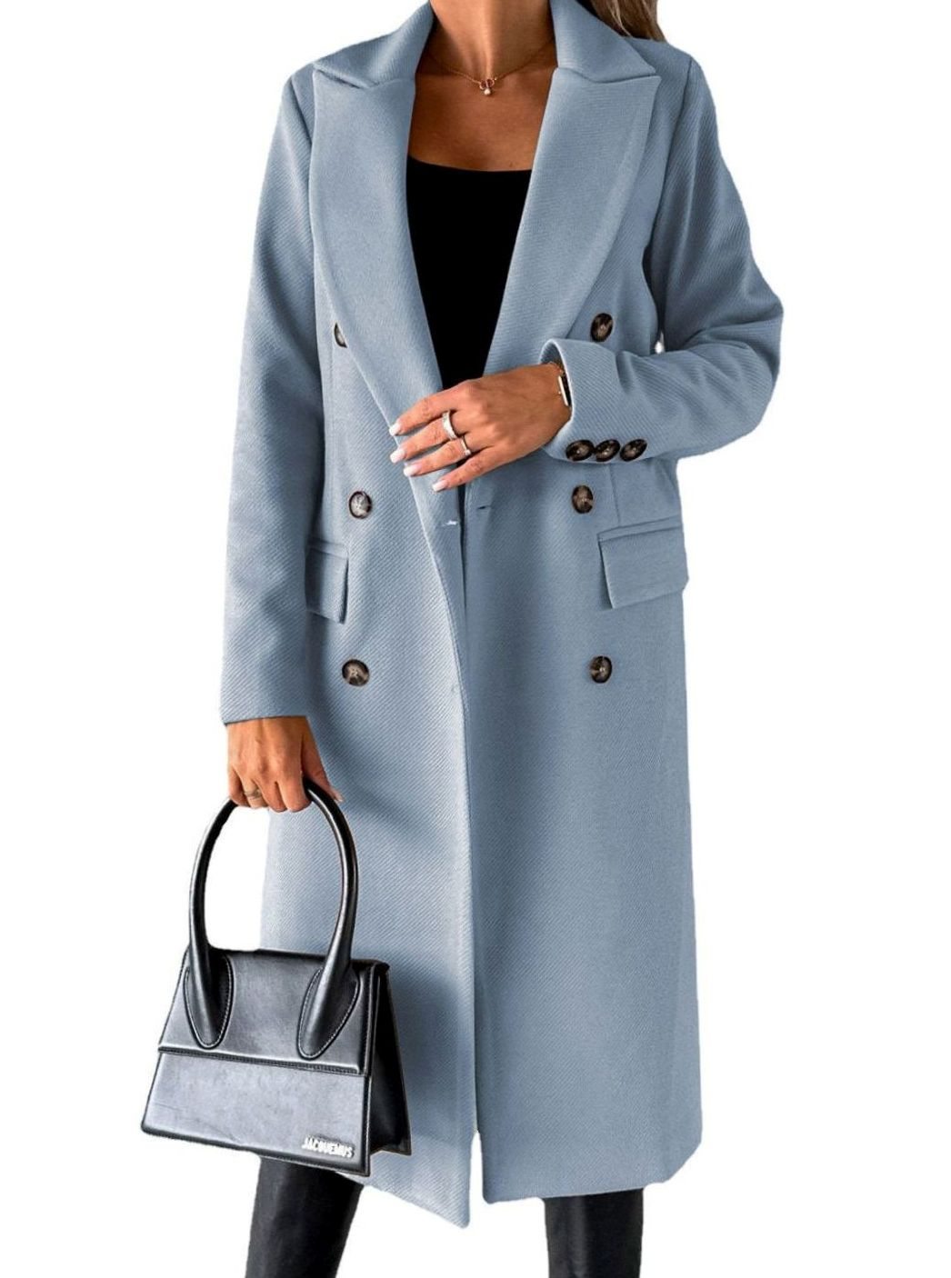 Women's Double-Breasted Longline Winter Trench Coat, Beige - Sky Blue