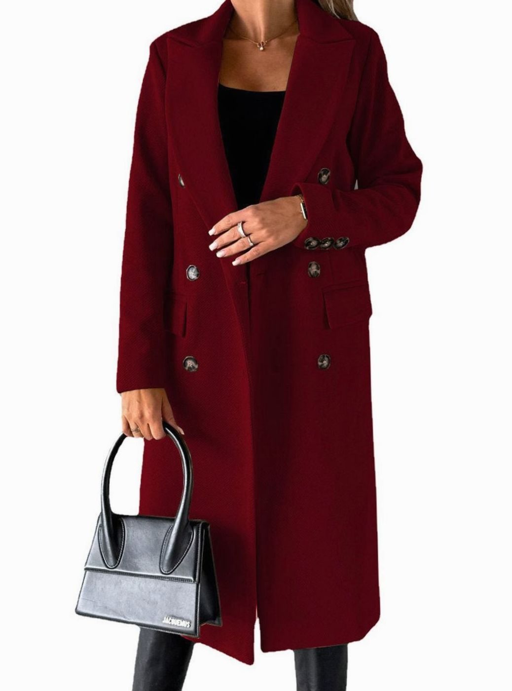 Women's Double-Breasted Longline Winter Trench Coat, Beige - Wine Red