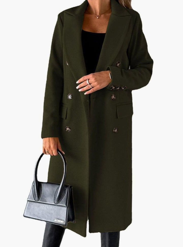 Women's Double-Breasted Longline Winter Trench Coat, Beige - Olive Green