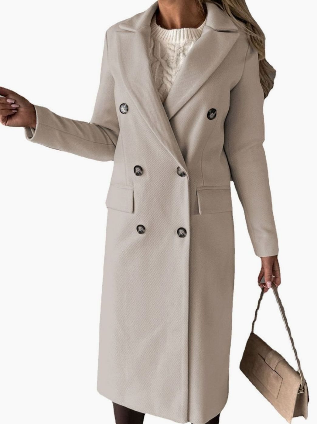 Women's Double-Breasted Longline Winter Trench Coat, Beige - Beige