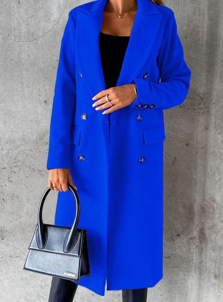 Women's Double-Breasted Longline Winter Trench Coat, Beige - Blue